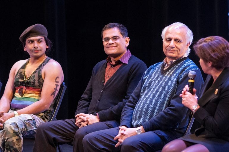 Actor Furqan Majeed, journalist Raza Rumi, playwright Shahid Nadeem, and Lab Co-Director Cynthia Schneider participate in a post-show discussion. (Photo by Teresa Castracane)