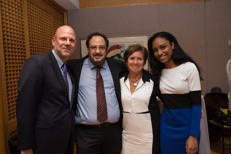 Photo of Joel Hellman, Dean of GU's School of Foreign Service; Derek Goldman, Lab Co-Director, Ambassador Cynthia Schneider, Lab Co-Director; and Velani Dibba, Lab Fellow (SFS '17)