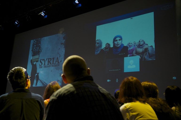 The cast of Syria: The Trojan Women skyping in from Amman, Jordan