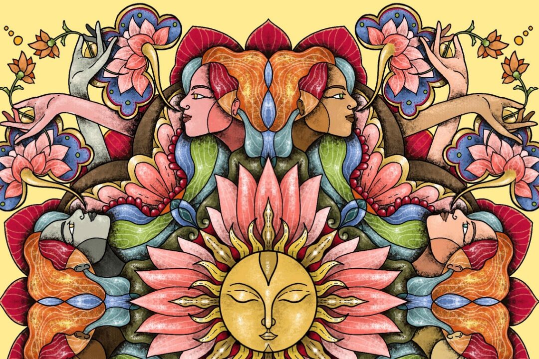 Colorful artistic graphic with women's heads, blossoming flowers and a sun on a yellow background